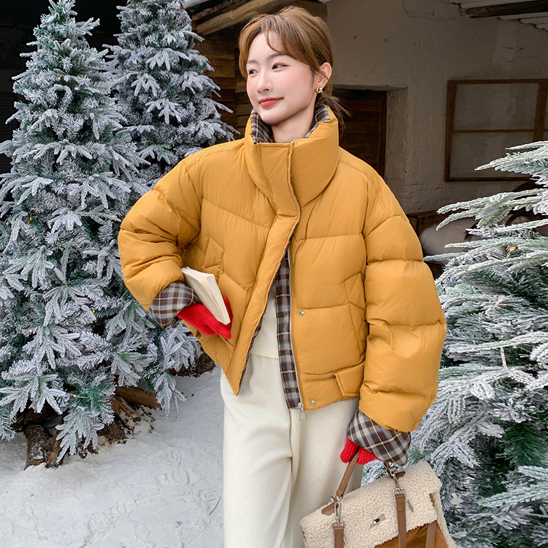 短款羽绒服女冬季2024新款宽松加厚洋气超好看格子拼接面包服外套