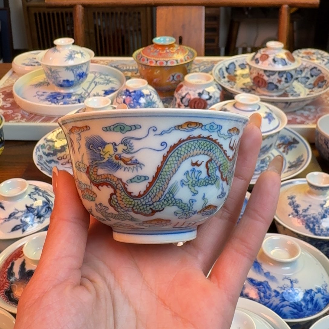 杯东重工双龙斗彩杯纯手绘