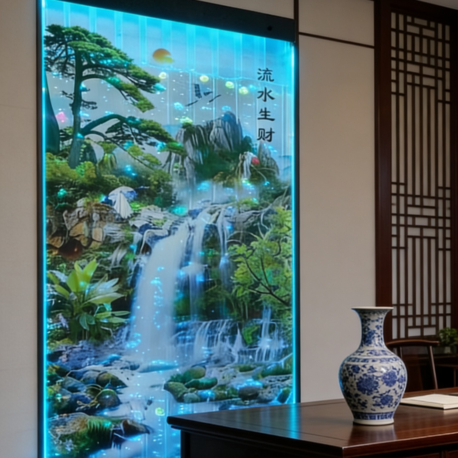 流水生财字画水幕屏风可定制led灯光颜色鲜艳玄关水幕墙流水屏风