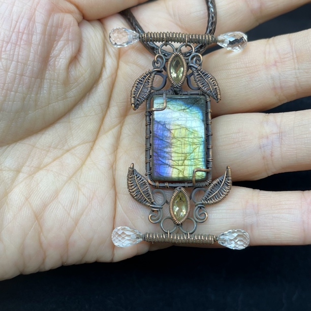 月光石/天河石/长石（处理）纯手工紫铜重工吊坠399