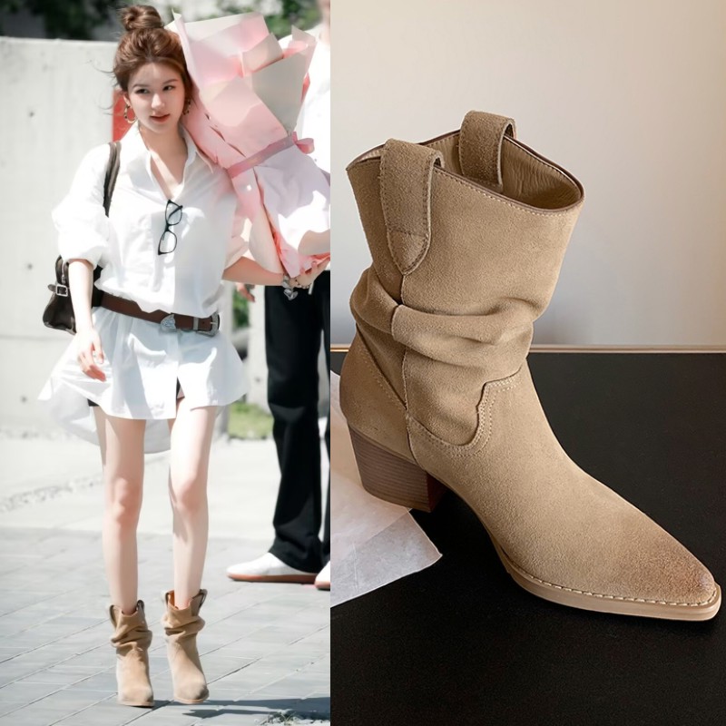 赵露思同款靴子翻毛皮西部牛仔靴短靴尖头V口粗跟高跟棕色堆堆靴