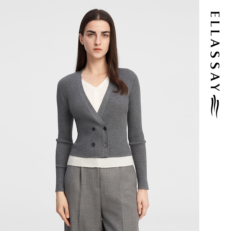 ELLASSAY歌力思秋季新款收腰绵羊毛V领针织衫女EWE3403000