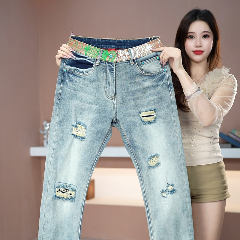 男士新款秋冬个性印花设计感浅蓝色破洞贴布时尚修身裤子牛仔裤