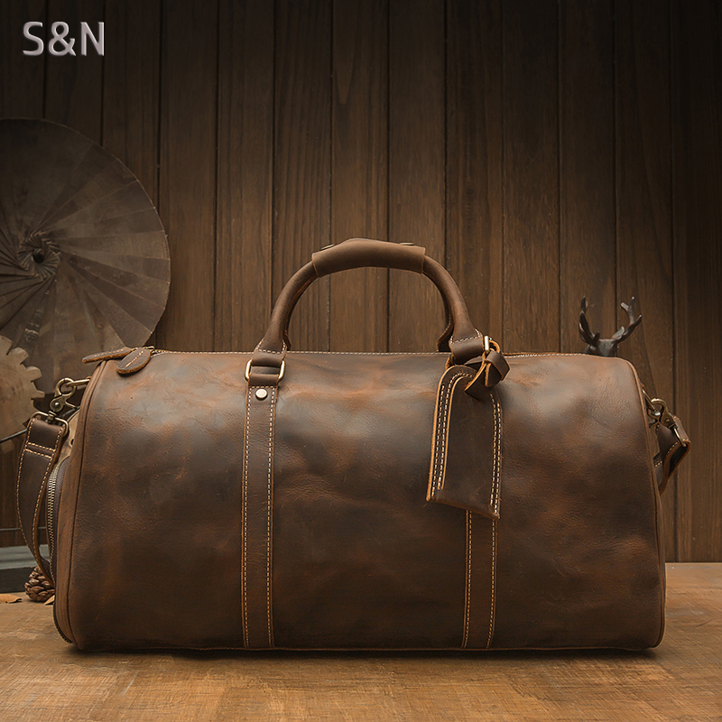 手工纯牛皮复古旅行包男士大容量疯牛皮机车包牛皮斜挎手提行李袋
