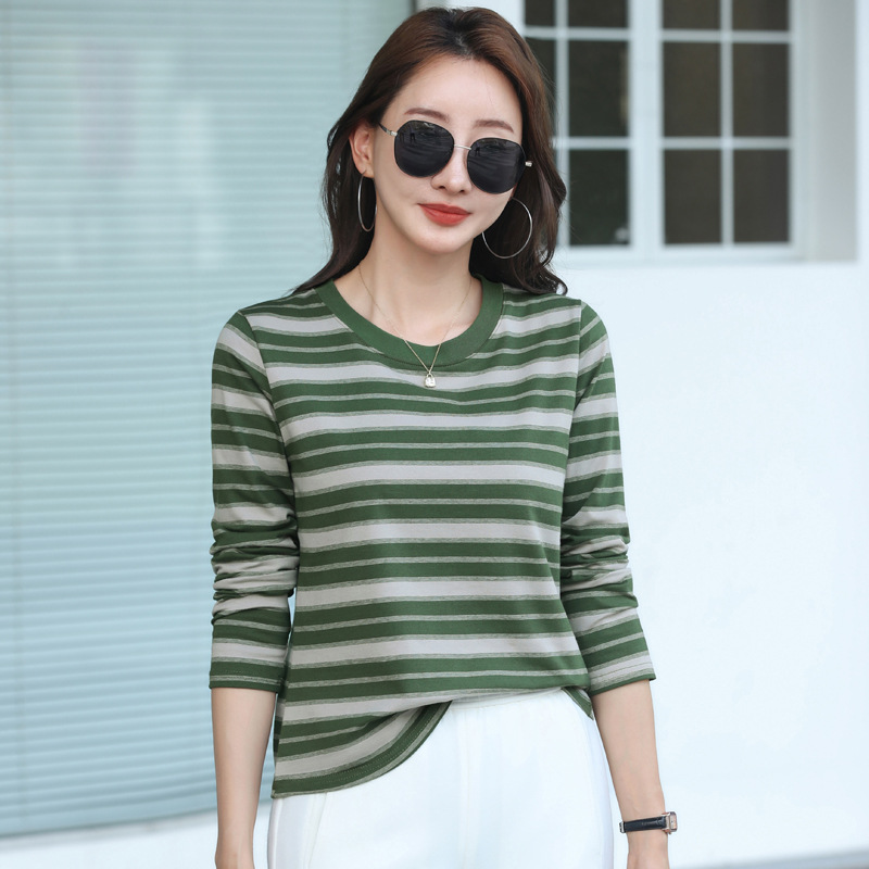541春秋爆款宽松复古条纹休闲T恤春秋长袖打底新款减龄女大码上衣