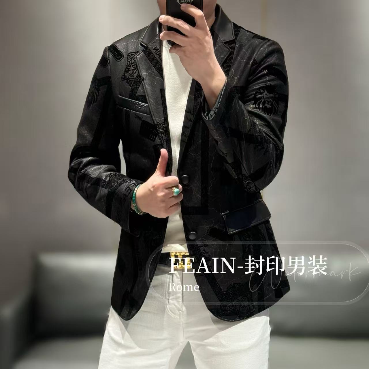 【FEAIN品牌】高端真皮拼接6D激光植绒雕花工艺美人头西装7069