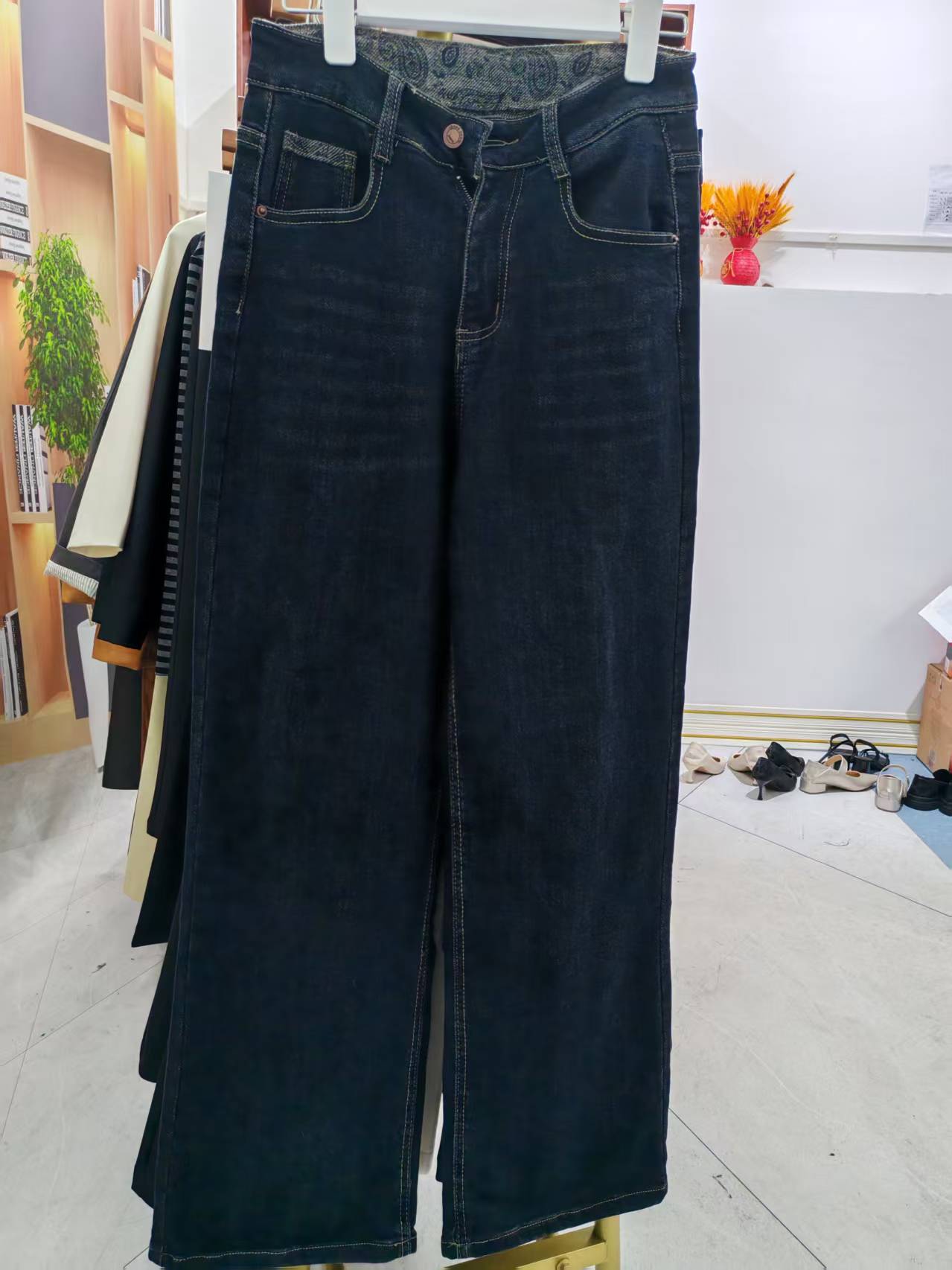 牛仔裤直筒修身5802毛巾底加厚直筒牛仔裤女秋冬百搭深蓝色