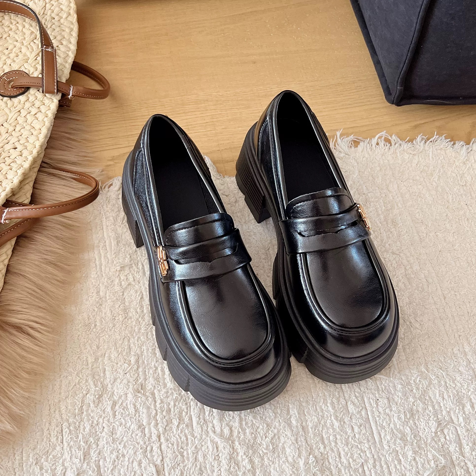 厚底乐福鞋女一脚蹬黑色jk单鞋增高英伦小皮鞋2025春秋女鞋202