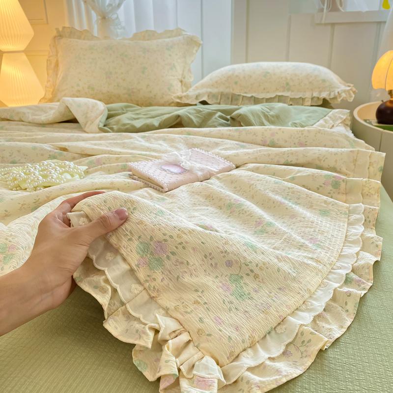 【夏凉被四件套】云感皱皱双层纱法式双花边夏凉被夏被四件套