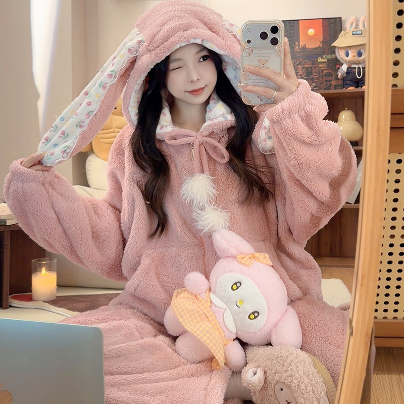 粉粉垂耳兔睡衣女冬季长袖长裤韩版可爱珊瑚绒加厚保暖家居服套装