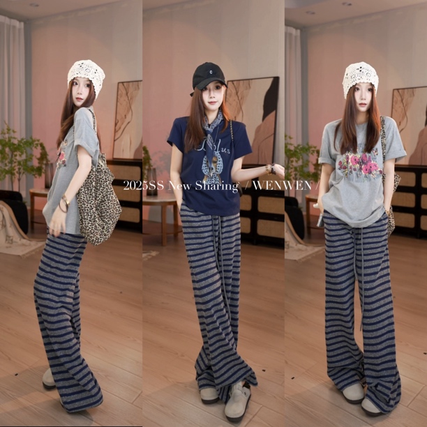 ZHOUZHOUDE【灵感条纹】25春季新款百搭休闲抽绳垂感减压条纹直筒裤