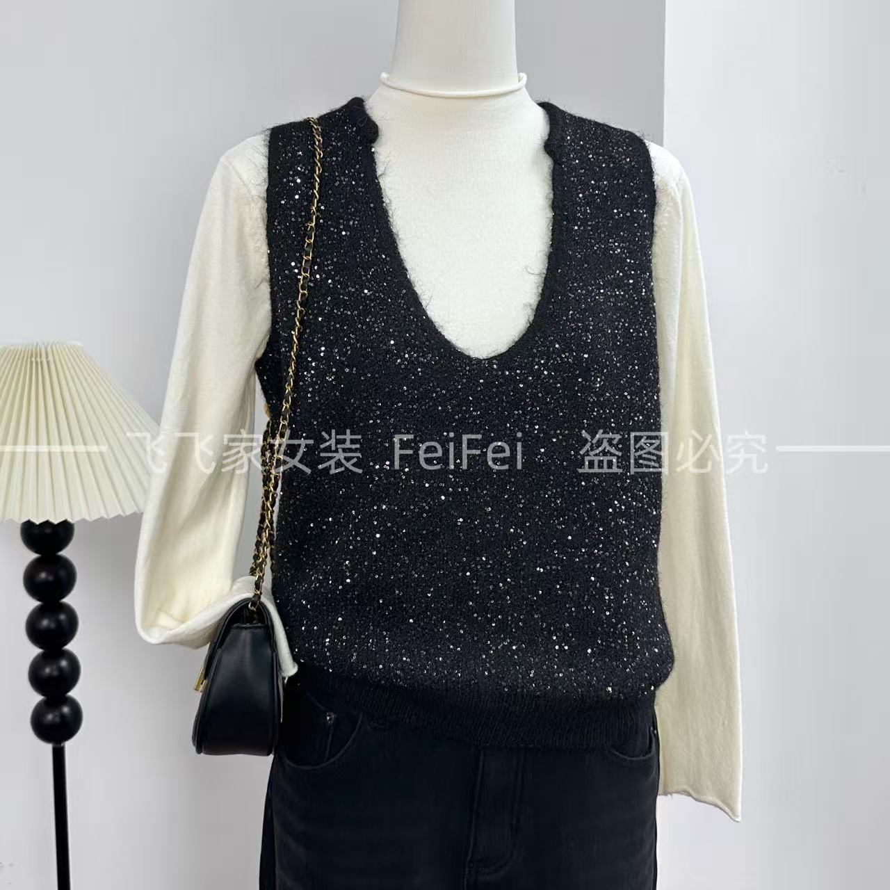 飞飞家～亮片重工V马甲！亮闪小众气质时尚#针织衫T159黑