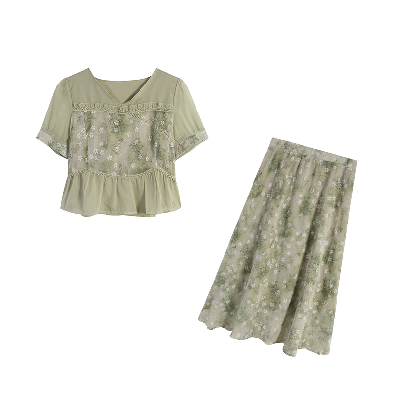 五季家/【青萝拂翠】小香风复古气质显白碎花清爽绿色套装ZL109428