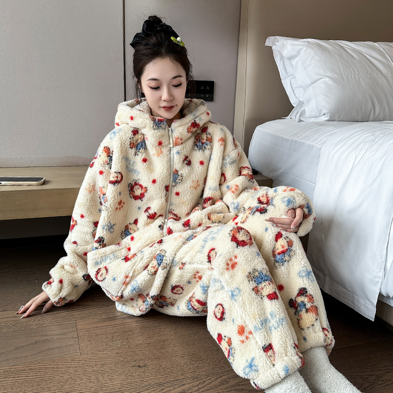 秋冬季大码保暖睡衣女胖mm甜美连帽家居服韩版时尚可外穿长袖套装