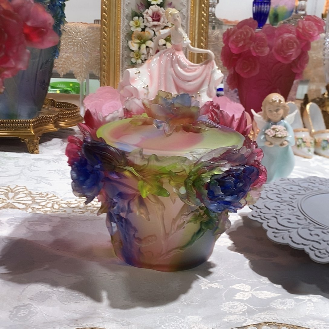 摆件脱蜡水晶牡丹花盖盒果盒