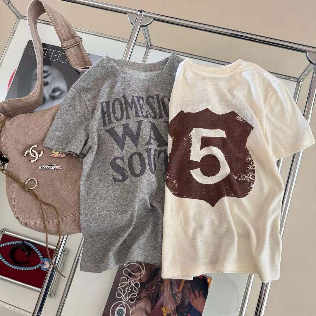 25春夏新款 小众美式字母数字5印花正肩小短T