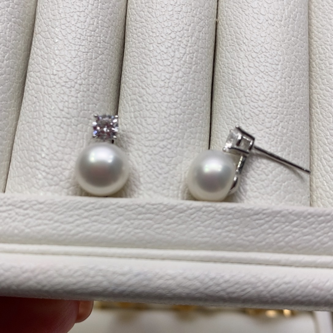 淡水珍珠耳饰银S925镶嵌8-9非正圆