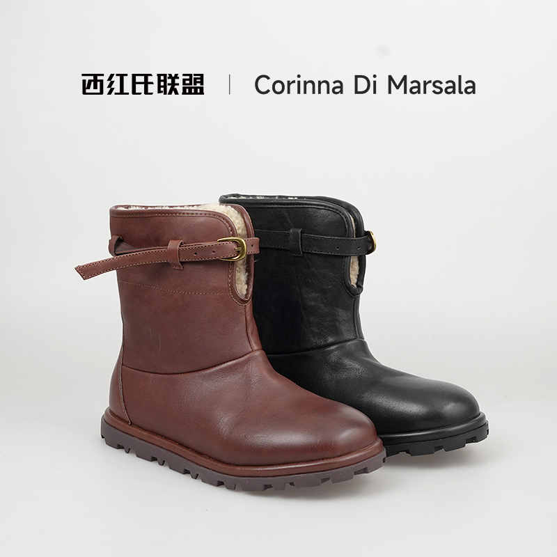 【西红氏联盟】水洗马皮~2025冬季高帮厚底增高羊毛雪地靴女跟高2cm