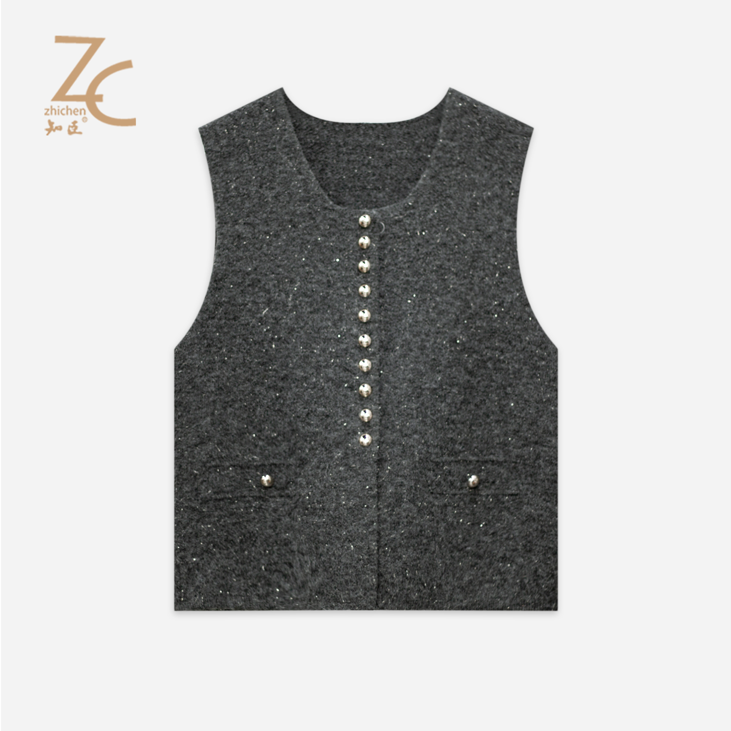 知臣秋季新品 设计感韩系圆领百搭单排扣亮丝马甲女 T25683046