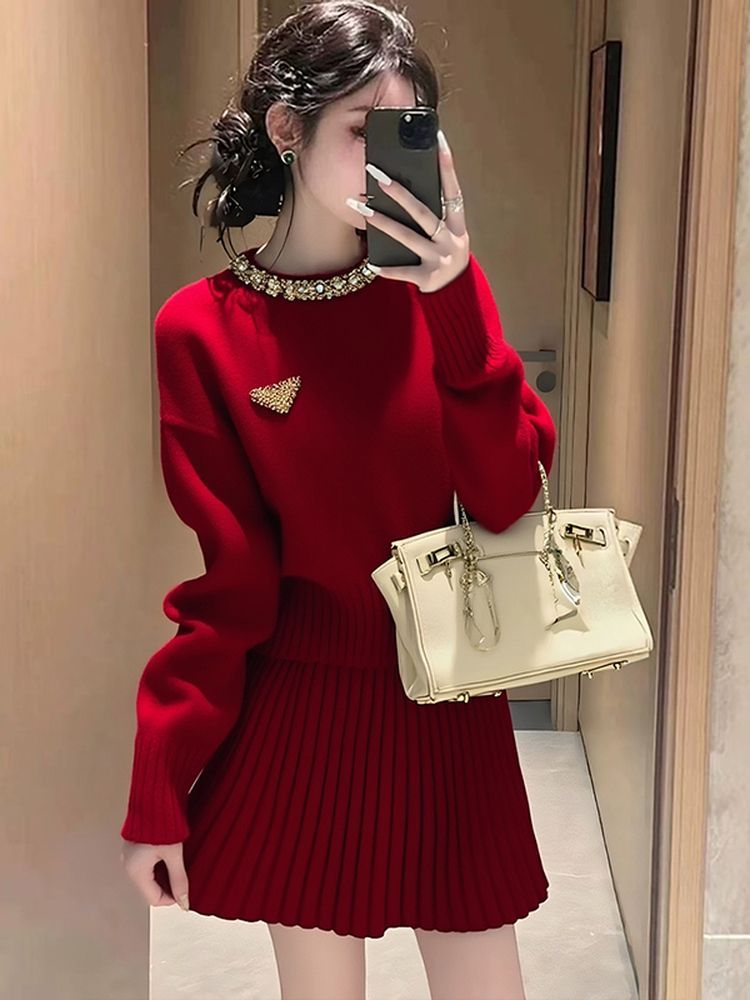 韩系chic千金小姐小香风针织套装重工设计圆领毛衣气质短裙两件套
