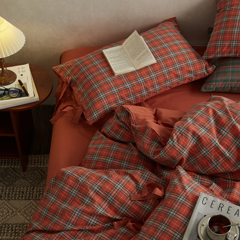 【顺丰包邮】新款中古风格子全棉色织水洗棉四件套1.51.8米公寓被套