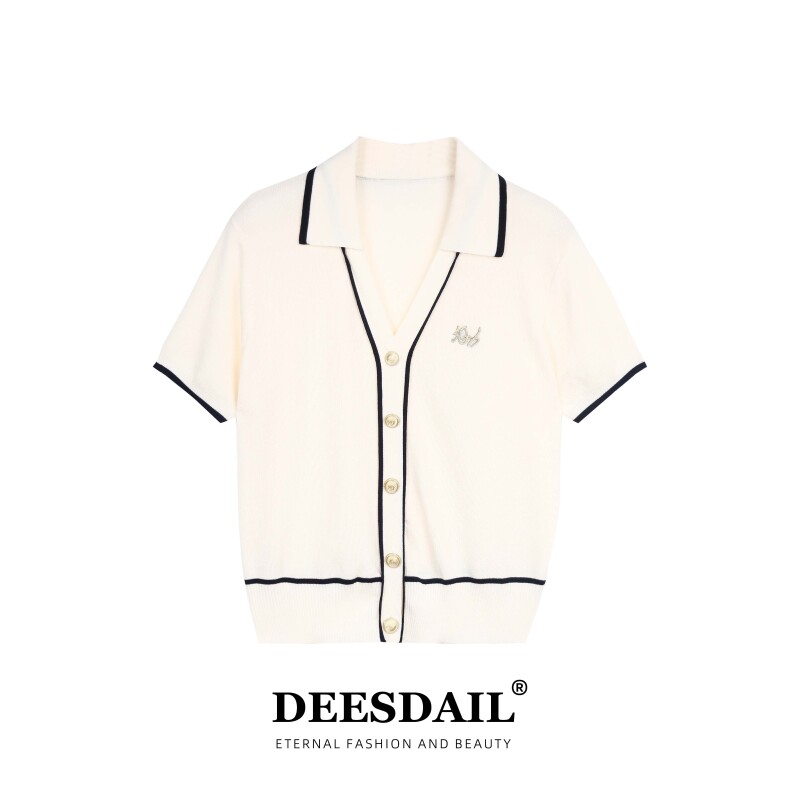 【350】DEESDAIL奶白色刺绣polo领轻奢上衣气质显瘦百搭t恤新款Y369