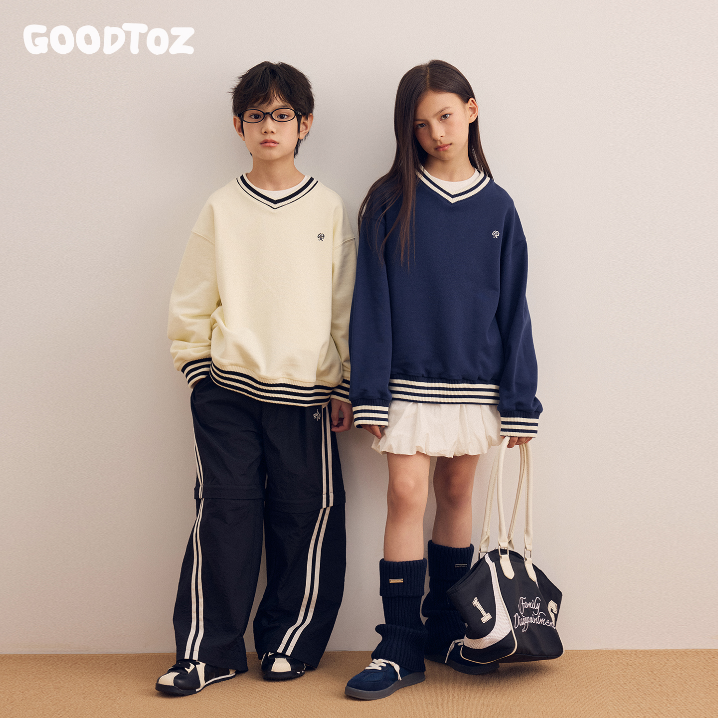 GOODTOZ 7/18 中大童秋季套装儿童坑条条纹撞色螺纹V领套头卫衣