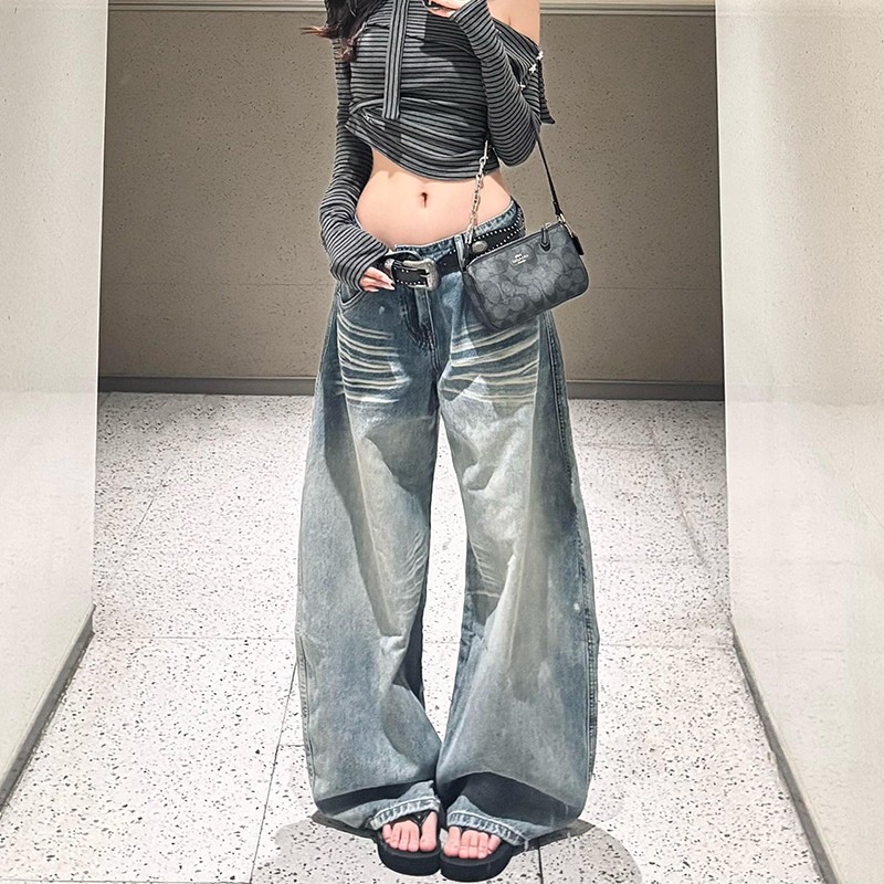 美式水洗立体猫须设计感牛仔裤女2025秋季宽松显瘦百搭阔腿直筒裤