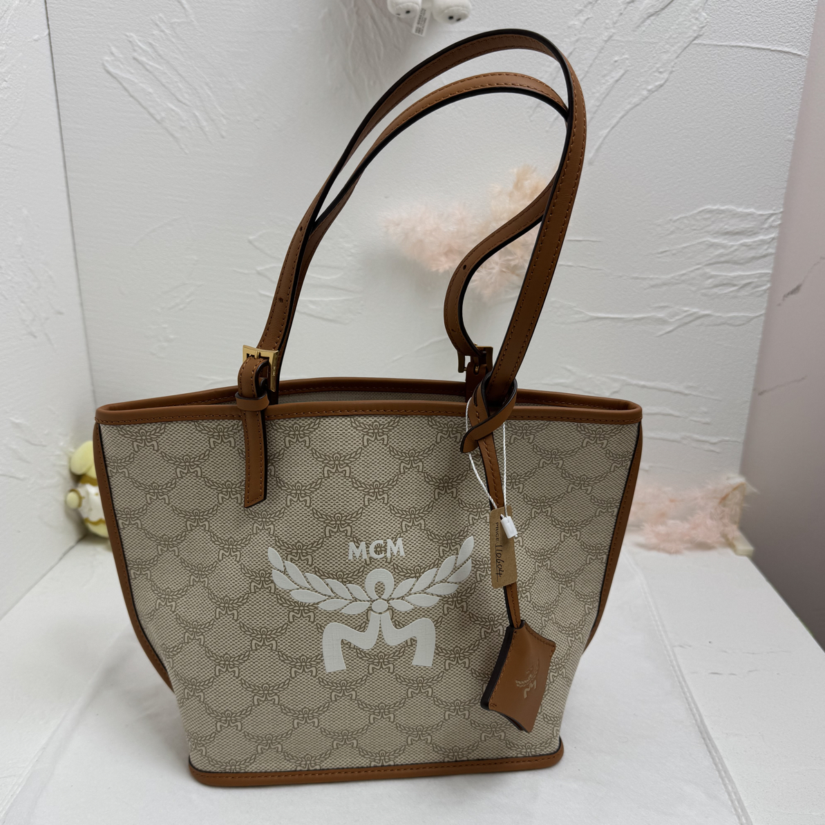 99新 MCM 方姐/ 燕麦色 龙鳞纹 迷你 子母托特 