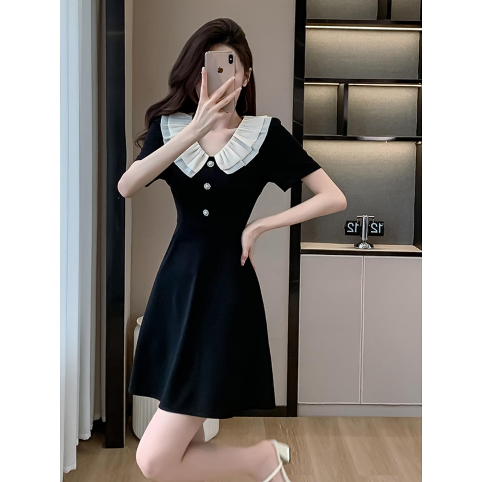 高端娃娃领雪纺连衣裙减龄法式气质美女气质显瘦显温柔黑色