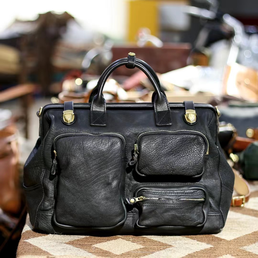 植鞣黑色头层牛皮复古医生公文包 单肩斜挎旅行包小众包包