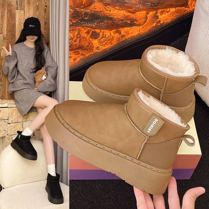 冬季时尚雪地靴爆款一脚蹬厚底防滑加绒加厚防寒防水保暖短筒棉鞋
