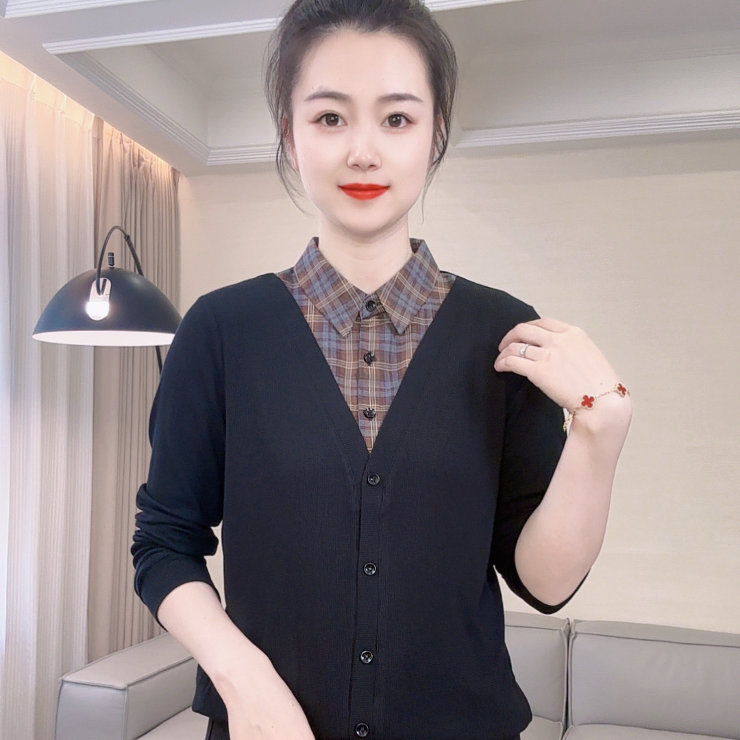 秋季螺纹棉假两件套格子衬衫领上衣0176款