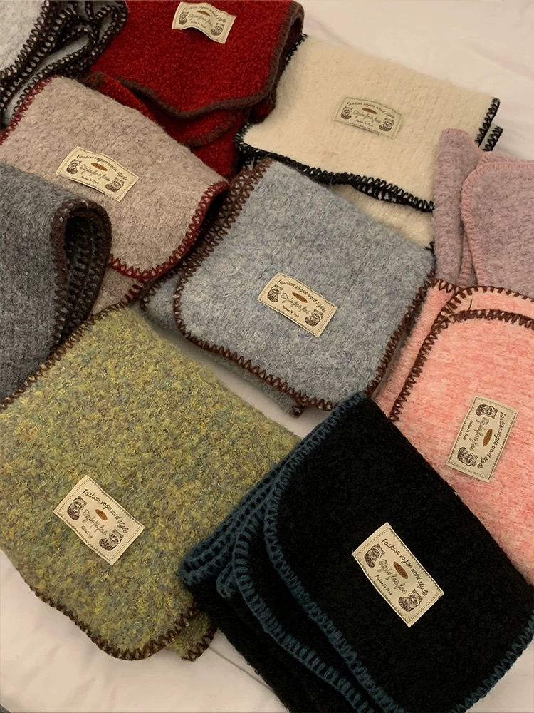 秋冬ins风复古锁边围巾女高级感韩版保暖加厚围脖潮流新款小围巾