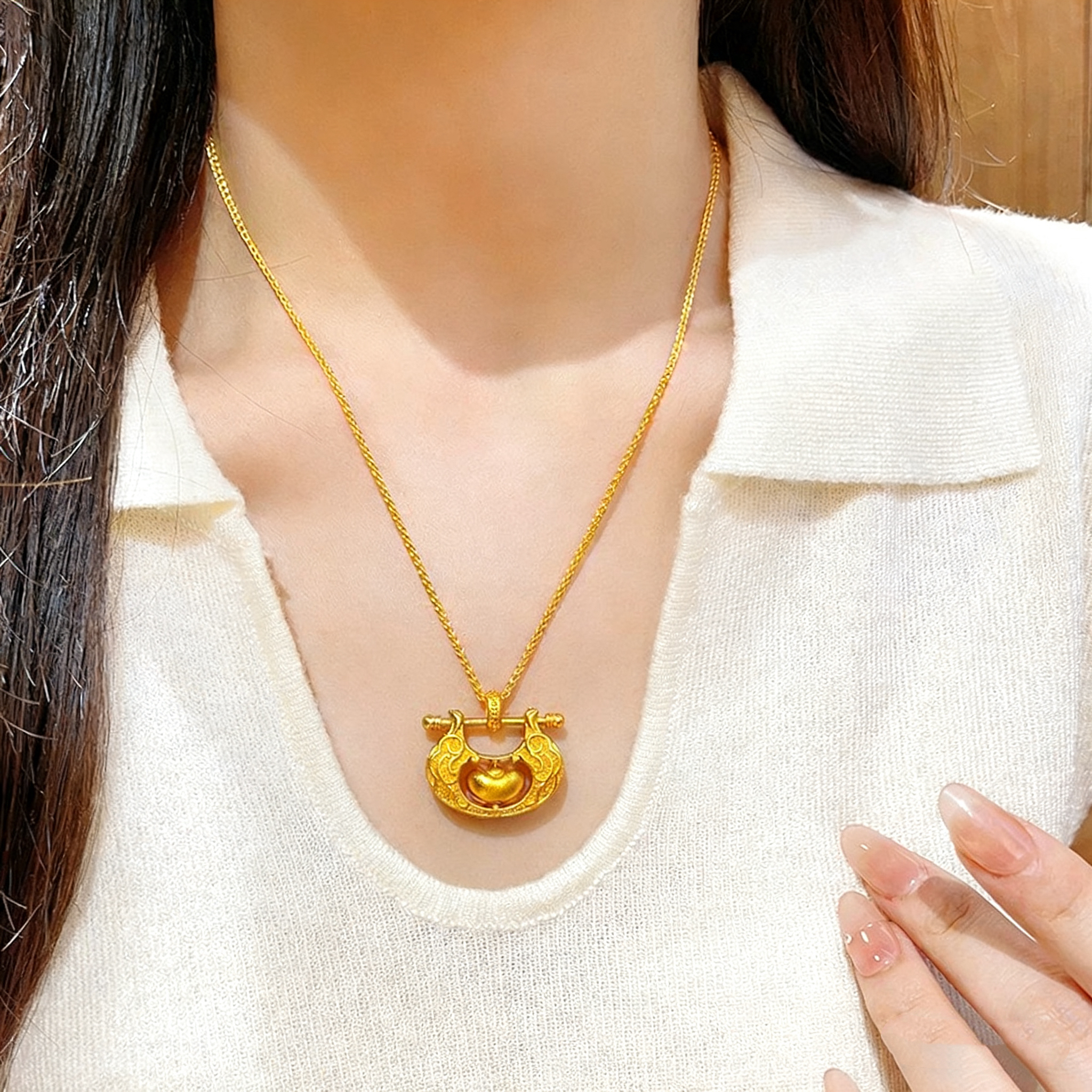 铜合金项链 新款吉祥元宝发财锁包项链新中式福锁套链送女友礼物