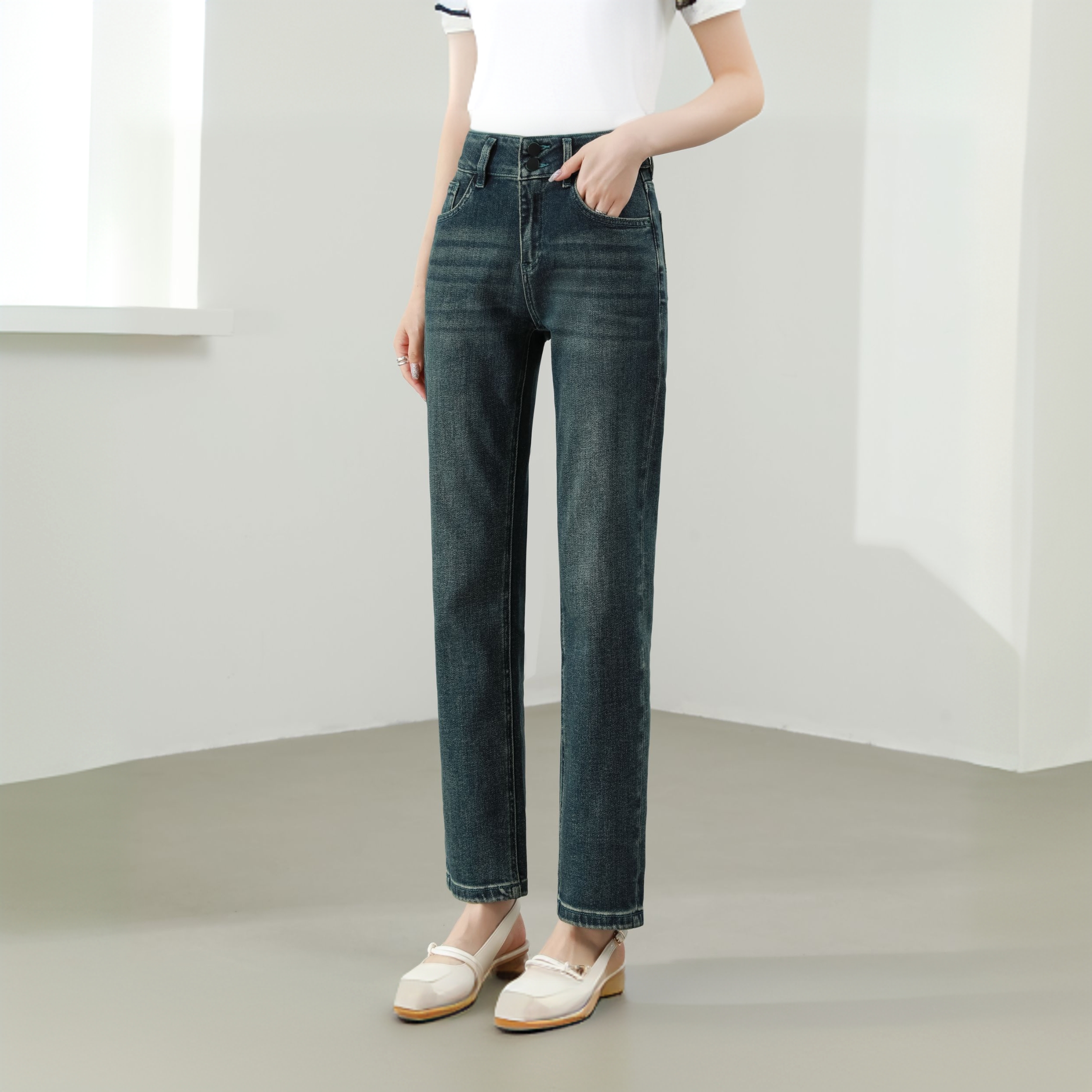 【花宁娜】如烟 .春秋新品复古中高腰蓝修身小直筒烟管牛仔裤#6830