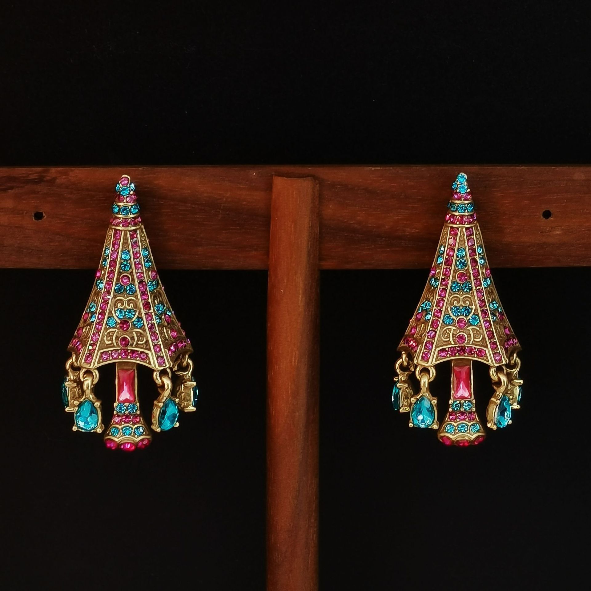 铜合金锆石耳饰 复古宫廷蓝粉立体雨伞太阳伞耳钉