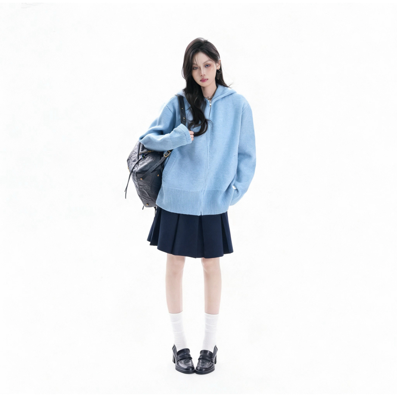 B21#某宝近两张！重磅980克25AW新款连帽坑条针织衫女宽松休闲毛衣