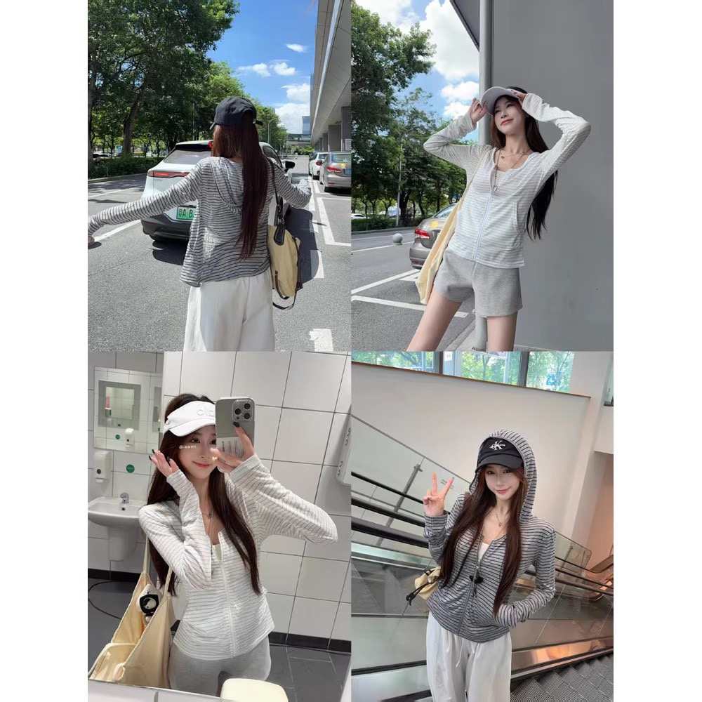 2025新款防晒慵懒风条纹拉链长袖连帽开衫外套女百搭休闲罩衫上衣