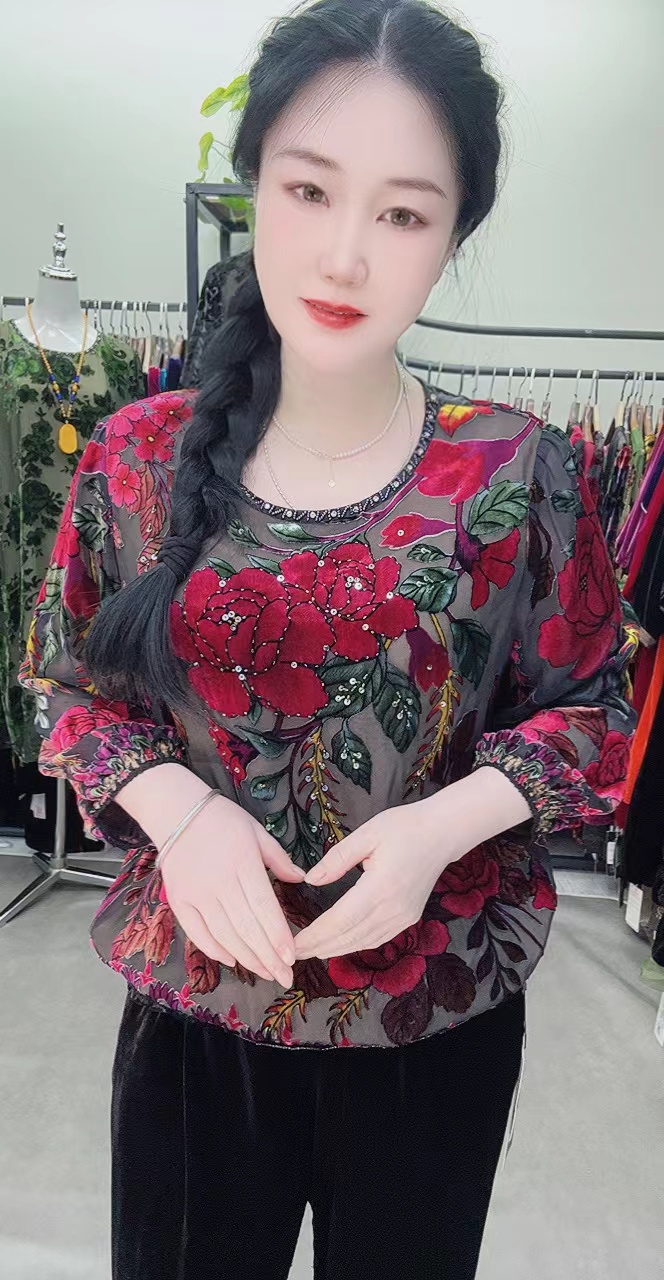 中老年桑蚕丝1996圆领上衣大码女装时尚