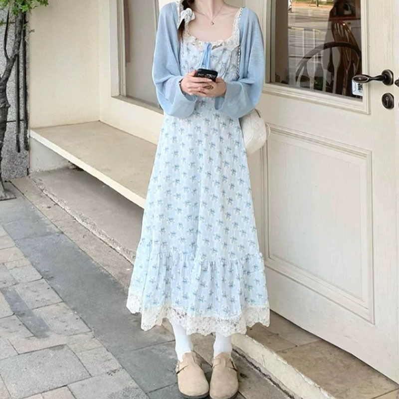 YQGFS#蓝色蕾丝吊带碎花连衣裙子女夏2025新款气质海边度假风长裙