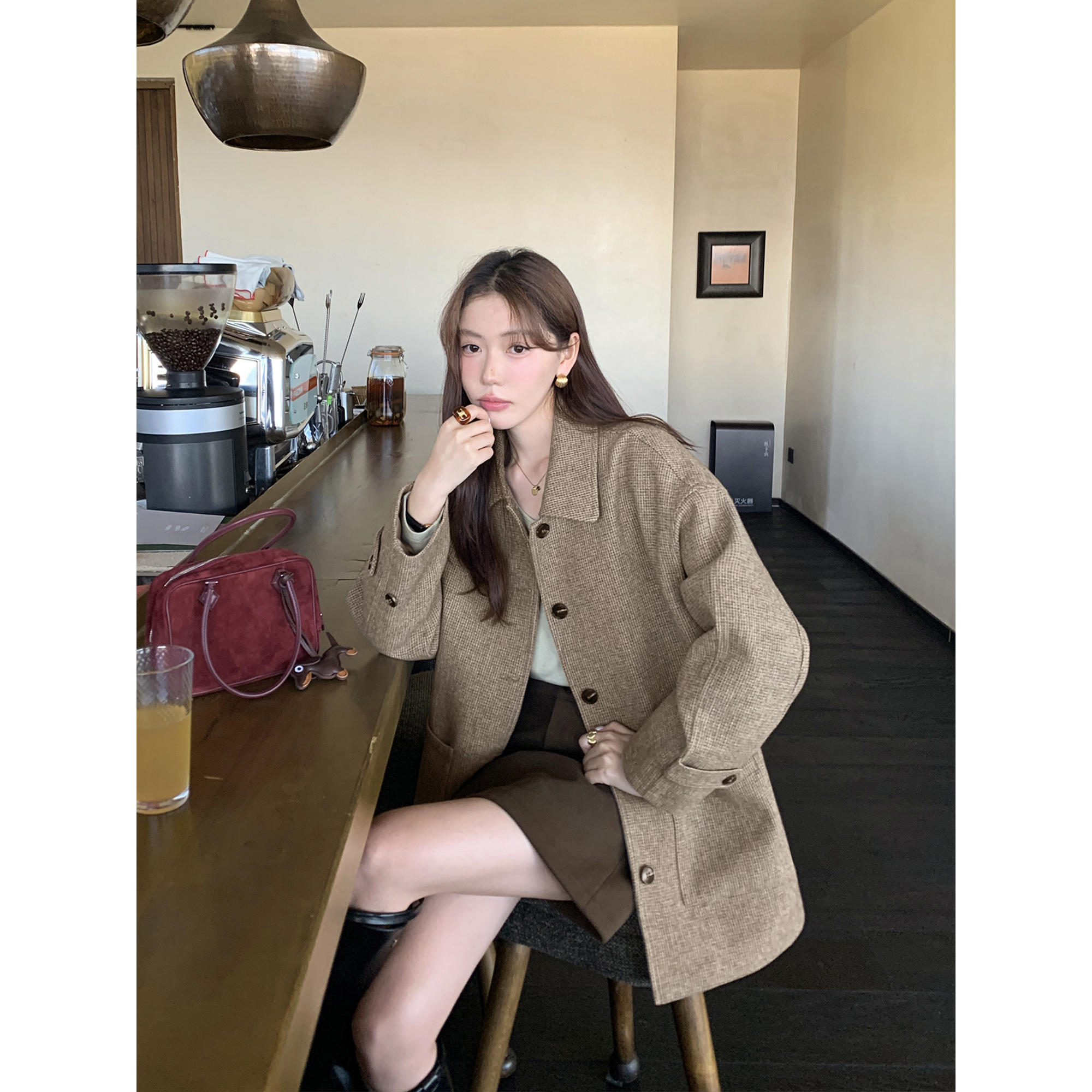 pusumede复古翻领格子毛呢外套加厚宽松气质收腰大衣PSW22497-D