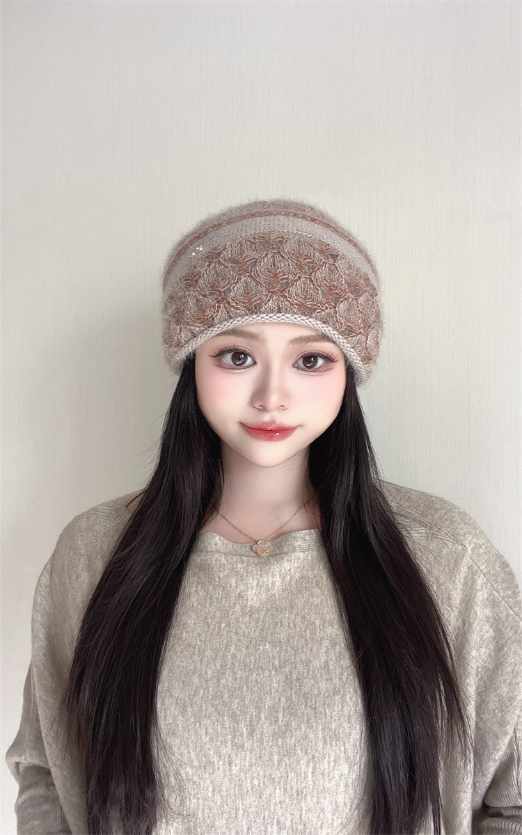 新款秋冬镂空钩花针织帽子时尚百搭双层加厚保暖抗寒帽女