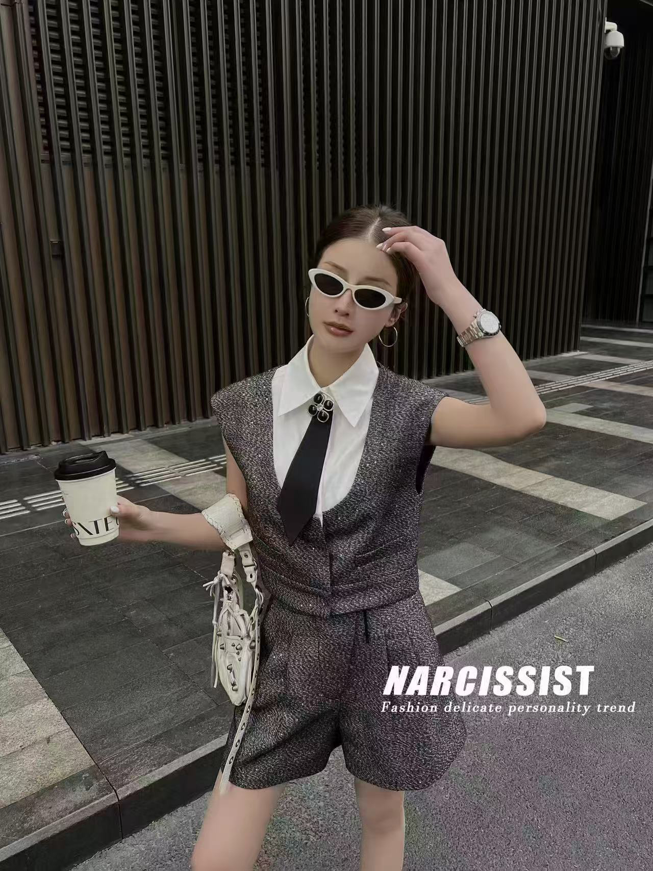 法式短款领带背心马甲短裤气质设计感两件套装2876