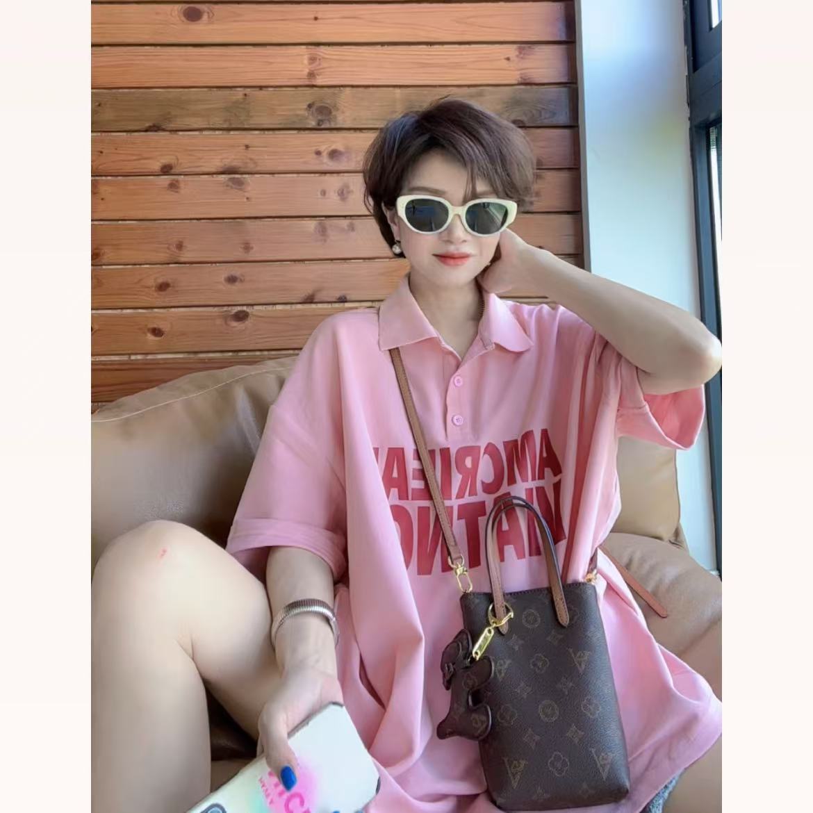 2025夏季欧货新款翻领字母印花洋气宽松休闲中长POLO衫