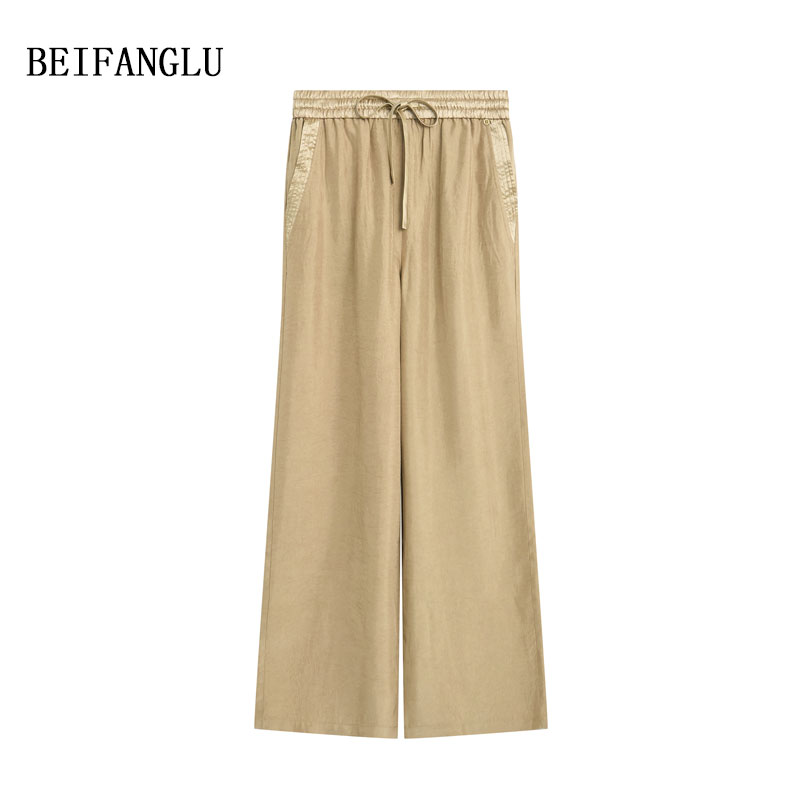 北方鹿【夏日凉凉裤】透气凉感醋酯夏季女士松紧腰直筒阔腿裤W9326