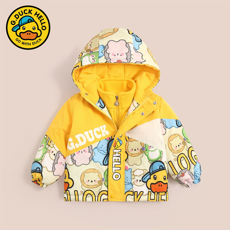 正品小黄鸭儿童冲锋衣春秋冬新款套装男童卡通外套女童宝宝两件套