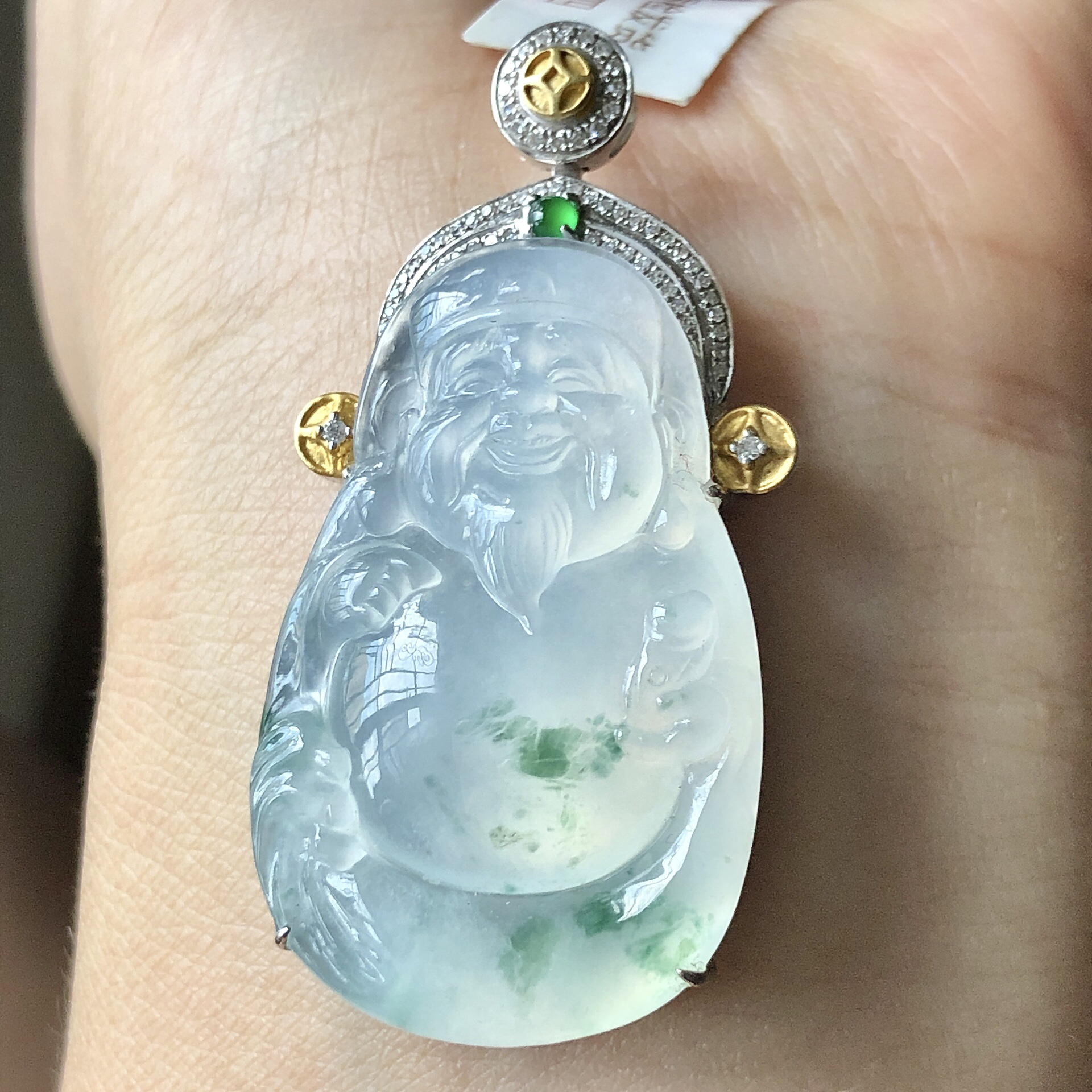 缅甸天然A货翡翠18k金镶嵌老坑冰种飘花财神爷吊坠45.6/23.2/9