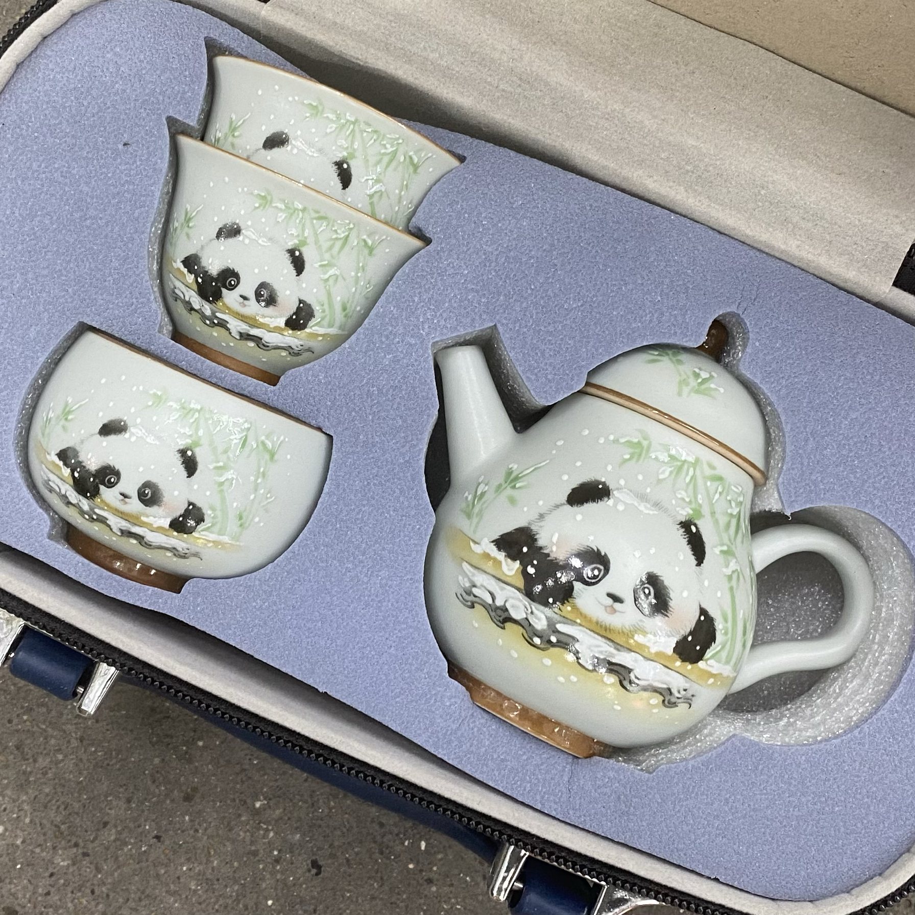 汝窑冬竹熊猫茶杯套组旅行茶具套装茶壶主人杯客杯