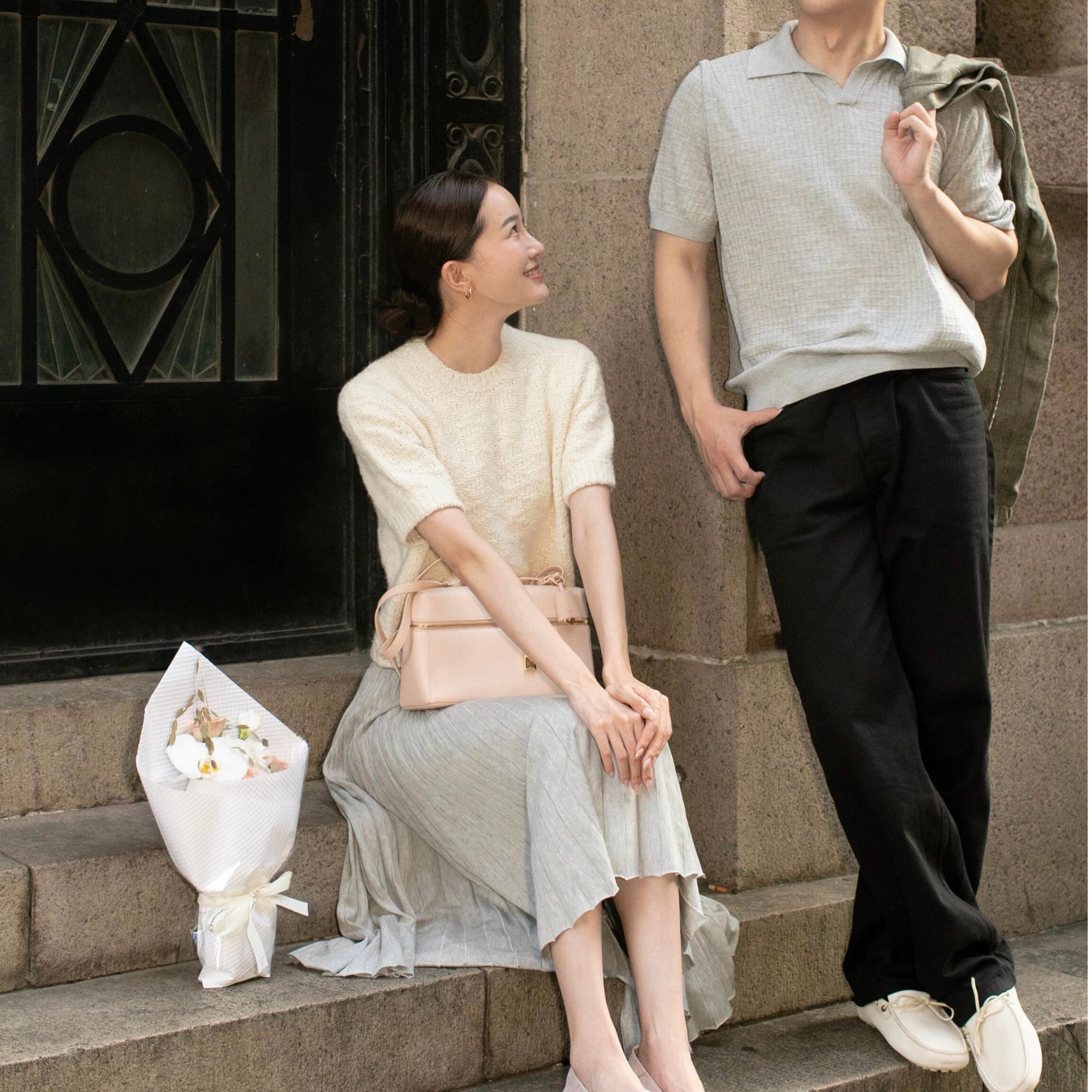  CLNIEH | 羊毛混纺莱赛尔纤维面料 提花格纹细节 海鸥领短袖POLO